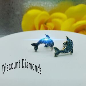 Dainty Round Cut Cluster Blue Sapphire Dolphin Earrings on 925 Sterling Silver